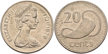 Фиджи 20 центов 1979 Елизавета II (1952-2022), китовый зуб KM 31 медно-никель 4131-1234