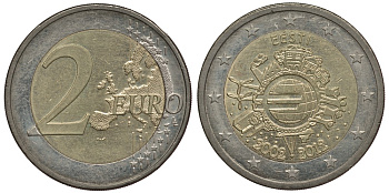 Эстония 2 евро 2012 10 лет монетарной политике и наличному евро KM 70 биметалл 4384-446