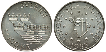 Швеция 100 крон 1985 Карл XVI Густав (1973- ), европейский год музыки KM 865 серебро UNC 1530-1435