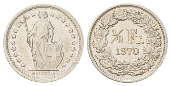 Швейцария 1/2 франка 1970 B KM 23a медно-никель 4625-446