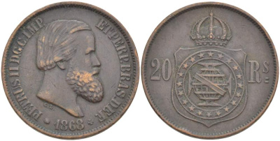 Бразилия 20 рейсов 1868 Педро II (1831-1889) KM 474 бронза 4529-514