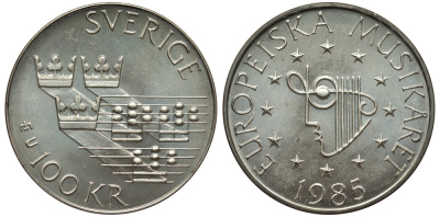 Швеция 100 крон 1985 Карл XVI Густав (1973- ), европейский год музыки KM 865 серебро UNC 1530-1435