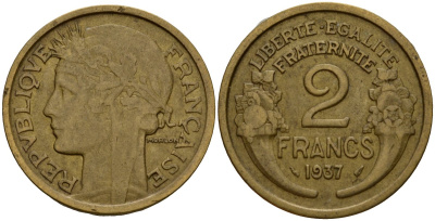Франция 2 франка 1937 KM 886 алюминиевая бронза 4599-332