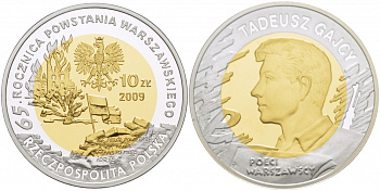 Польша 10 злотых 2009 MW, 65 лет Варшавскому восстанию, Тадеуш Гайцы, позолота KM 688 серебро, биметалл PROOF 1087-4-63