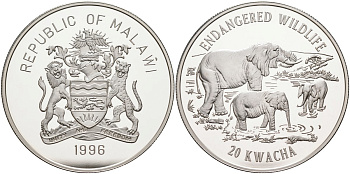 Малави 20 квача 1996 серия защита дикой природы, слоны KM 35 серебро PROOF 1098-2-11