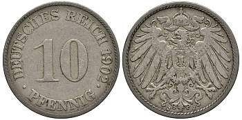 Германия 10 пфеннигов 1902 J KM 12, Jager 13, Weege 8 медно-никель 219-352