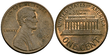США 1 цент 1986 D, Линкольн KM 201b цинк плакированный медью 4136-314