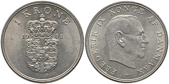 ДАНИЯ 1 КРОНА 1962 C; S, ФРЕДЕРИК IX (1947-1972) KM 851.1 медно-никель 4393-442