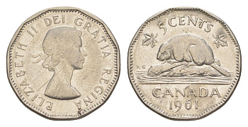Канада 5 центов 1961 Елизавета II (1952-2022), бобр KM 50a никель 4630-667