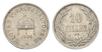 Венгрия 10 филлеров 1908 KB, Франц Иосиф I (1848-1916) KM 482 никель 4665-721