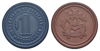 Чили, Антофагаста (Antofagasta) шахтерский жетон с Селитряного рудника для покупки в местных магазинах, номиналом в 1 песо около 1904 диаметр 35 мм, вес 4,11 гр Espinosa 22.8 эбонит (синий) 1094-11-33