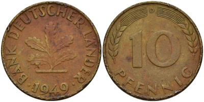 ФРГ 10 пфеннигов 1949 D J.378 KM 103 сталь плакированная латунью    4603-317