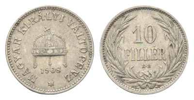 Венгрия 10 филлеров 1908 KB, Франц Иосиф I (1848-1916) KM 482 никель 4665-721