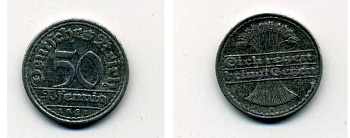 ГЕРМАНИЯ 50 ПФЕННИГОВ 1921 F KM 27, J. 301 алюминий 35-1215