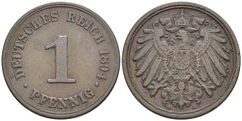 ГЕРМАНИЯ 1 ПФЕННИГ 1894 A KM 10, Jager. 10, Weege 2 медь 4528-1129