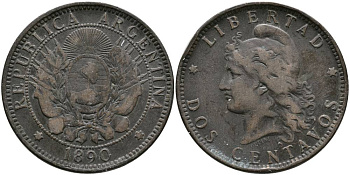 Аргентина 2 сентаво 1890 голова свободы влево KM 8 бронза 4531-944