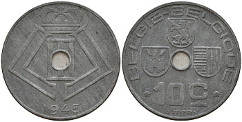 Бельгия 10 сантимов 1945 Belgie - Belgique, Леопольд III (1934-1947), германская оккупация, Вторая мировая война KM 126 цинк 4161-347