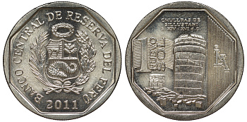 Перу 1 новый соль 2011 чульпа (башня) на кладбище Сильюстани KM 347 медно-никель UNC 4605-253
