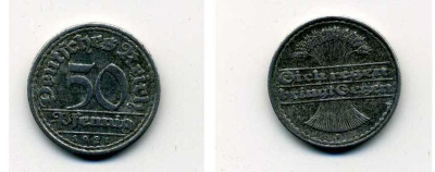 ГЕРМАНИЯ 50 ПФЕННИГОВ 1921 F KM 27, J. 301 алюминий 35-1215