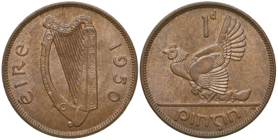 ИРЛАНДИЯ 1 ПЕННИ 1950 КУРИЦА С ЦЫПЛЯТАМИ KM 11 бронза aUNC 4389-821