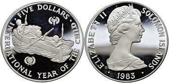 Соломоновы острова 5 долларов 1983 Международный год детей, тираж 5775 экземпляров KM 16 серебро PROOF 1068-1-11