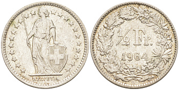 ШВЕЙЦАРИЯ 1/2 ФРАНКА 1964 В KM 23 серебро 188-1043