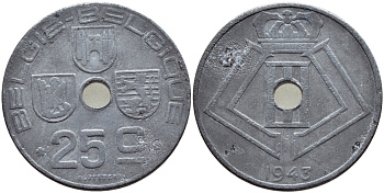БЕЛЬГИЯ 25 САНТИМОВ 1943 BELGIE-BELGIQUE, ГЕРМАНСКАЯ ОККУПАЦИЯ, ВТОРАЯ МИРОВАЯ ВОЙНА KM 132 цинк 86-1215