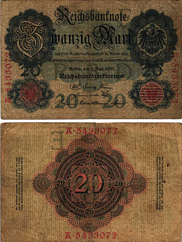 ГЕРМАНИЯ 20 МАРОК 1907 8 ИЮНЯ 1907 Pick 28 бумага 8609-46-2