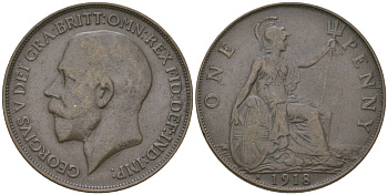 Великобритания 1 пенни 1918 H, Георг V (1910-1936) KM 810, Spink 4052 бронза    69-411