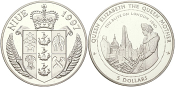 Ниуэ 5 долларов 1997 «Блиц» на Лондон - 1940 KM 173 серебро PROOF 01-235-25