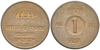 Швеция 1 эре 1965 U, Густав VI Адольф (1950-1973) КМ 820 бронза 3955-311