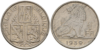 Бельгия 1 франк 1939 Belgie - Belgique KM 120 никель 217-323