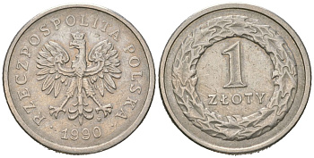 Польша 1 злотый 1990 MW KM 282 медно-никель 4566-134