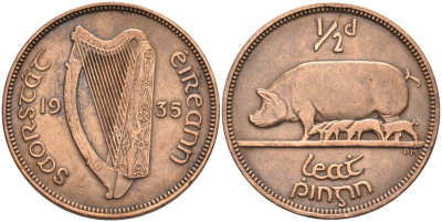 Ирландия 1/2 пенни 1935 свинья с поросятами KM 2 бронза 4561-1125