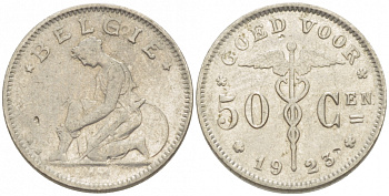 БЕЛЬГИЯ 50 САНТИМОВ 1923 BELGIE KM 88 никель 261-1667