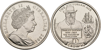 Гибралтар 1 крона 2001 серия Викторианский век, Чарльз Дарвин (история эволюции) KM 924 медно-никель UNC 4578-432