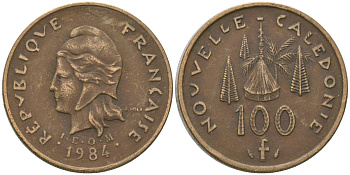Французская Новая Каледония 100 франков 1984 хижина среди сосен и пальм, (IEOM) KM 15, Schoen 16, Lec 130-145 никель латунь 4137-745