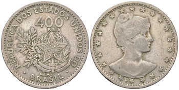 Бразилия 400 реалов 1901 MCMI, голова свободы вправо KM 505 медно-никель 4612-424