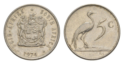 ЮАР 5 центов 1974 герб, райский журавль KM 84 никель 4602-966