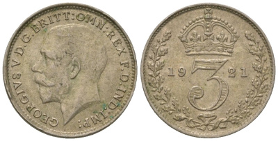 Великобритания 3 пенса 1921 Георг V (1910-1936) KM 813a, Spink 4026 серебро 4615-1032