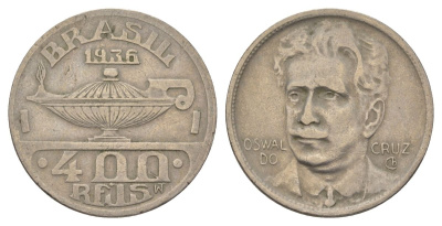 Бразилия 400 реалов 1936 Освалду Крус KM 539 медно-никель 4624-1215