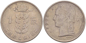 Бельгия 1 франк 1958 Belgie, Бодуэн I (1951-1993) KM 143.1 медно-никель 213-326