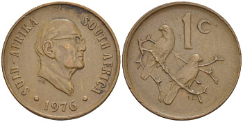 ЮАР 1 ЦЕНТ 1976 ПРЕЗИДЕНТ ЯКОБУС ЙОХАННЕС ФУШЕ, КАПСКИЕ ВОРОБЬИ KM 91 бронза 4549-151