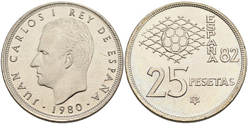 Испания 25 песет 1980 (80) чемпионат мира по футболу в Испании 1982 года, Хуан Карлос I KM 818 медно-никель аUNC 189-911