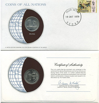 Малайзия 50 сенов 1977 монета в конверте с маркой и спецгашением UNC 4294-9-1
