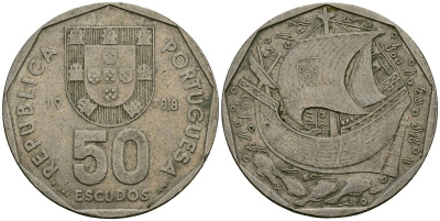 Португалия 50 эскудо 1988 парусник KM 636 медно-никель 4120-1022