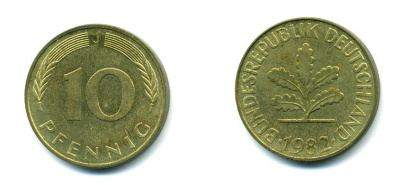 ФРГ 10 ПФЕННИГОВ 1982 J KM 108, J.383 сталь плакированная латунью 46-1327