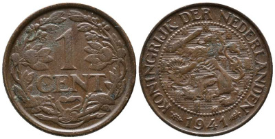 НИДЕРЛАНДЫ 1 ЦЕНТ 1941 ВИЛЬГЕЛЬМИНА KM 152 бронза 39-1253