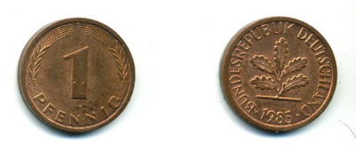 ФРГ 1 ПФЕННИГ 1985 F KM 105, J 380 сталь плакированная медью 46-155