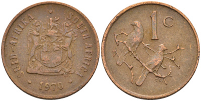 ЮАР 1 цент 1970 герб, капские воробьи KM 82 бронза    4115-159